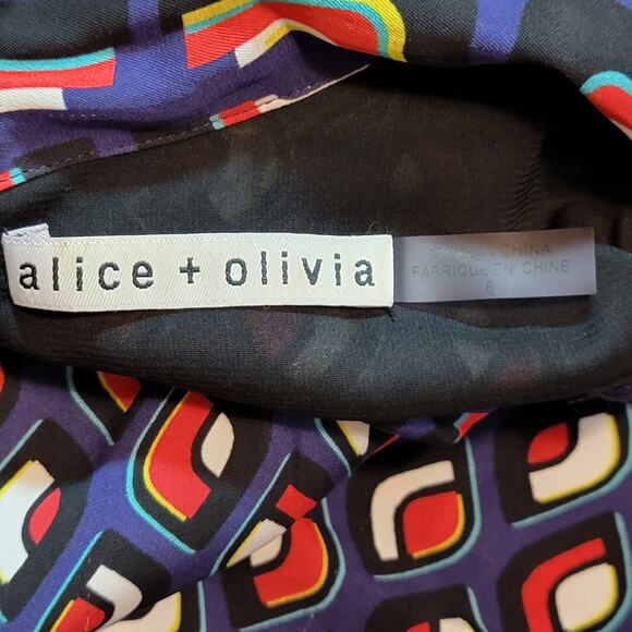 Alice + Olivia Karolina Mod Moon Tie Neck Blouson Sleeve Colorblock Midi Dress 6 - Picture 14 of 16